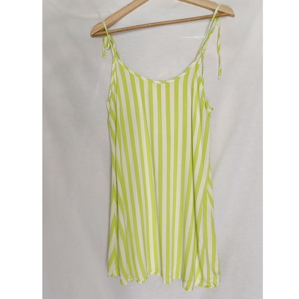 Ban.do Tunic Tank Top Mini Dress Cover Lime Green White Striped Tie Shoulder M